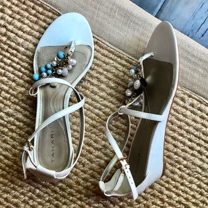 Tahari Ray White Leather Beaded Sandals